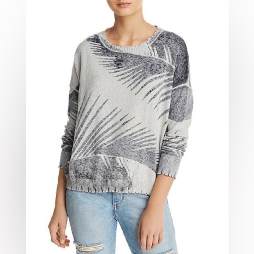 Minnie Rose Cotton Sweater Small Palm Print Distressed